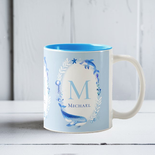 Under Sea Animals Nautical Beach Gift Personalised Two-Tone Coffee Mug (beach house mug personalized monogram sea animals whale dolphin blue nautical ocean grandchild baby )