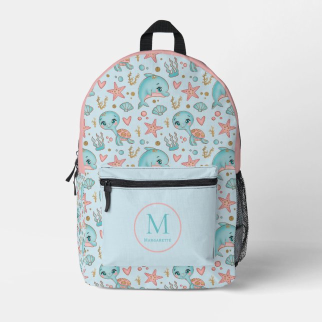 Under sea cute Dolphins and Turtles customised  Printed Backpack (Front)