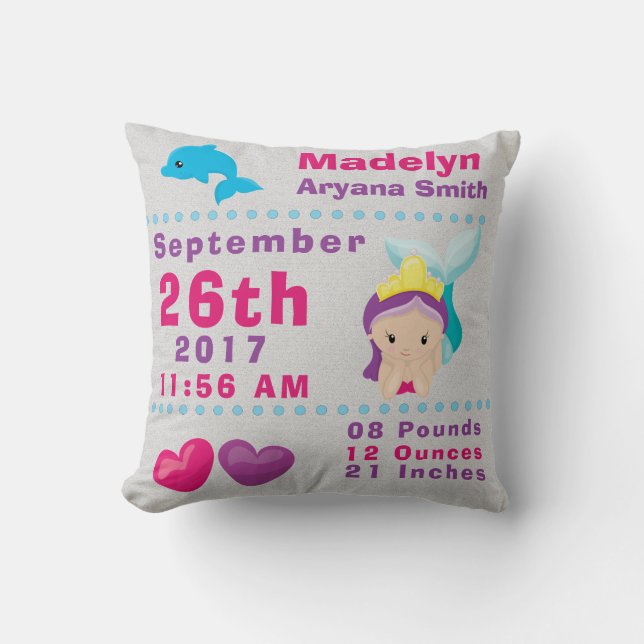 Under Sea Mermaid Dolphin Birth Announcement Stats Cushion (Front)