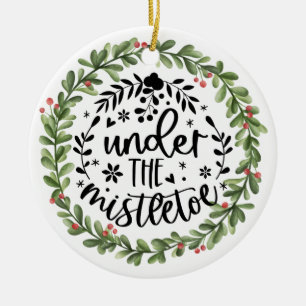 Under the Mistletoe Watercolor Wreath Ceramic Tree Decoration