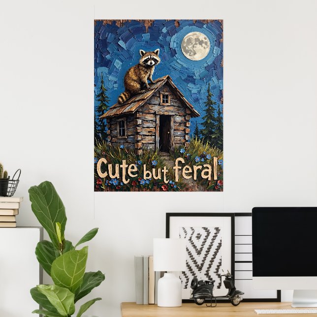 Under the Moon: Racoon's High Perch Poster (Home Office)