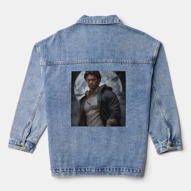 "Under the Night Sky: A Boy's Solitary Vigil" Denim Jacket (Back)
