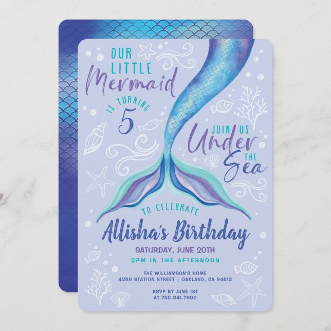 Under The Ocean Blue Iridescent Watercolor Mermaid Invitation (Front/Back)