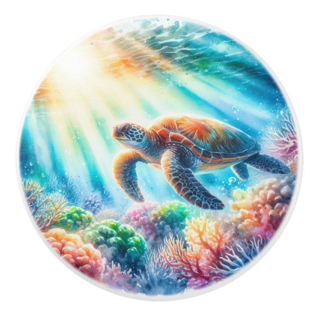 Under the ocean sea turtle ceramic knob (Front)