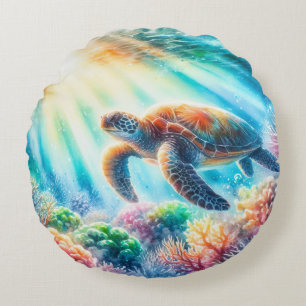 Under the ocean sea turtle round cushion