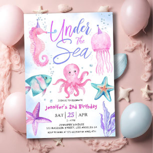 Under The Sea! 2nd Birthday Girl Pink Ocean  Invitation