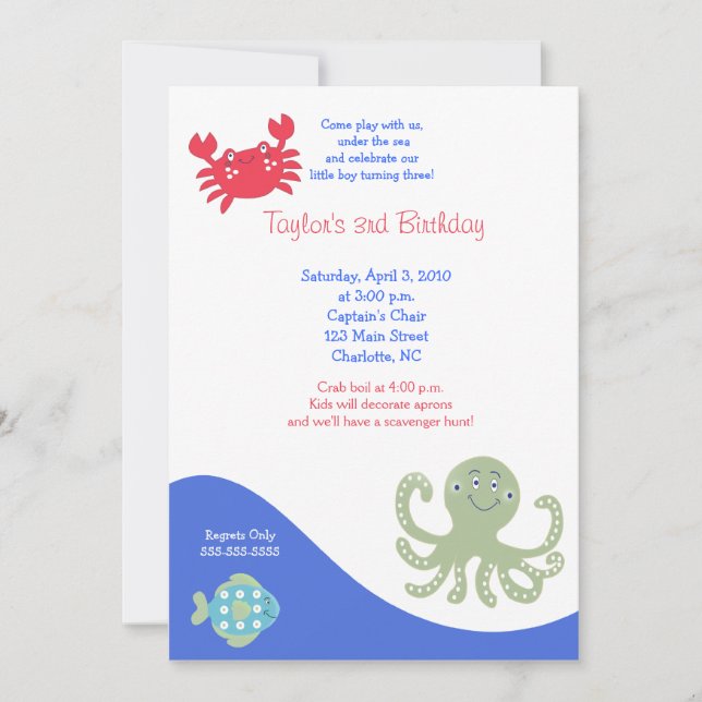 Under the Sea 5x7 Calypso Birthday Crab Invitation (Front)
