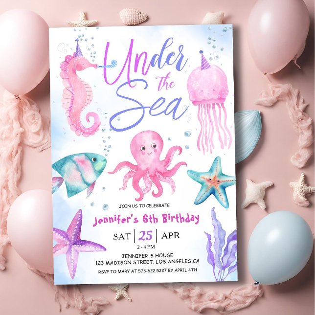 Under The Sea! 6th Birthday Girl Pink Ocean Invitation (Creator Uploaded)