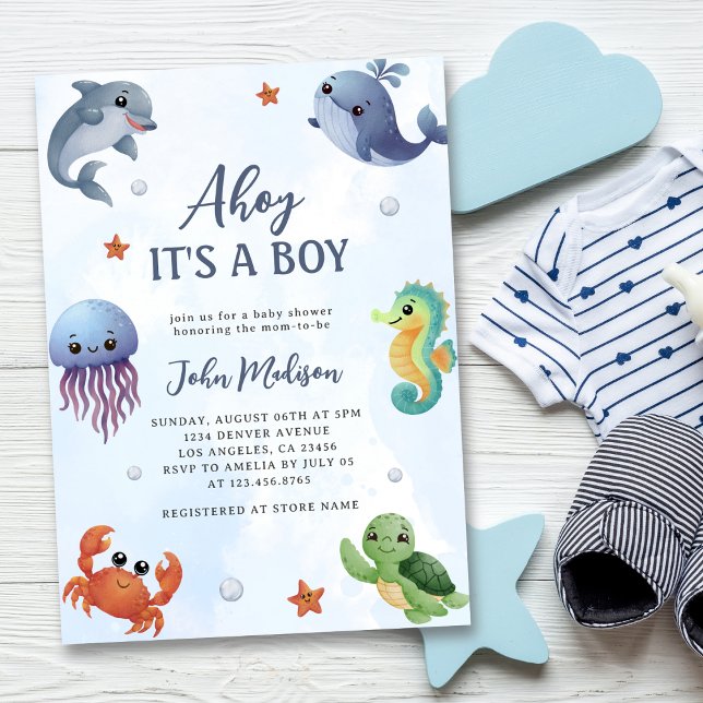 Under The Sea Ahoy It's a Boy Blue Baby Shower Invitation (Creator Uploaded)