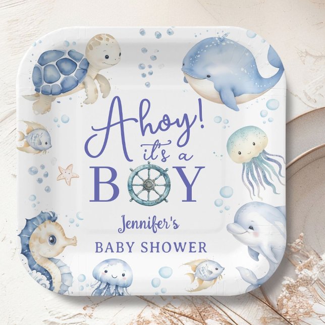Under The Sea Ahoy It's A Boy Ocean Baby Shower Paper Plate (Creator Uploaded)