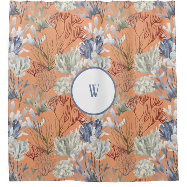 Under the Sea Apricot Corals Monogram Shower Curtain (Front)