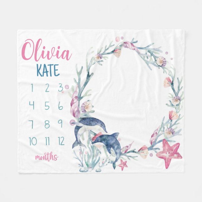 Under the Sea Baby Girl Milestone Blanket, Girl Mo Fleece Blanket (Front (Horizontal))