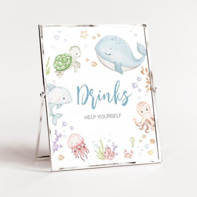 Under The Sea Baby Shower Drinks Poster (Sea Creatures Ocean Baby Shower Drinks Sign)