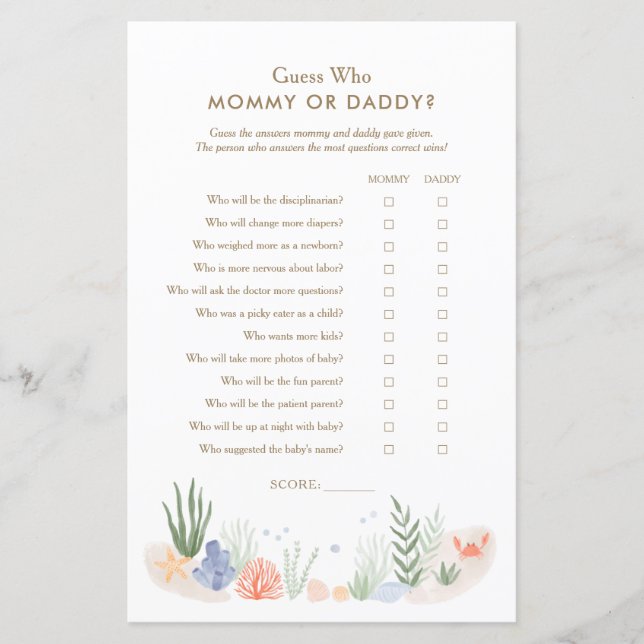 Under the Sea Baby Shower Guess Who Mummy or Daddy (Front)