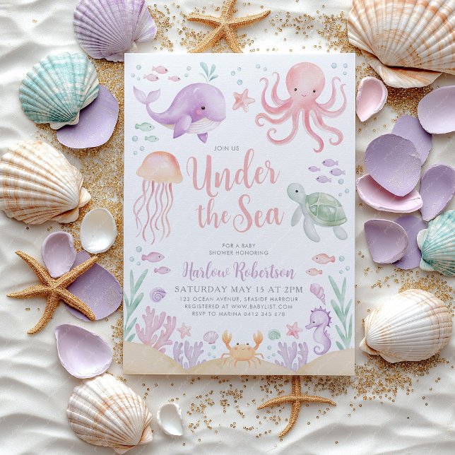 Under The Sea Baby Shower Ocean Girl Bright Invitation (Under the Sea Baby Shower girl Invitation | Ocean animal pink purple design.)