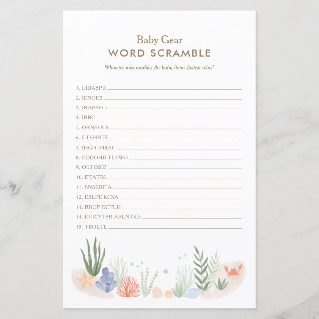 Under the Sea Baby Shower Word Scramble Game (Front)