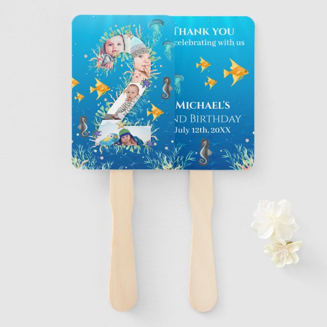 Under The Sea Big 2nd Birthday Photo Collage Hand Fan (Front and Back)