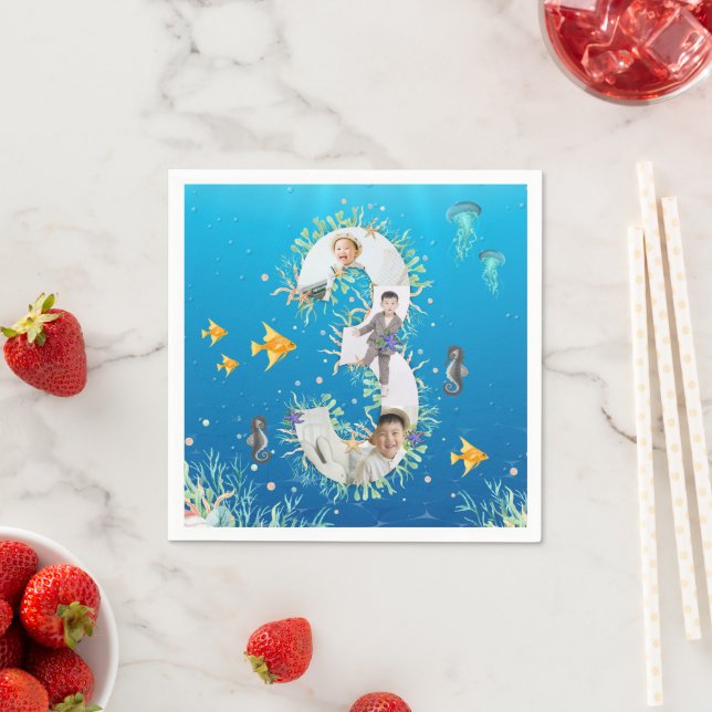 Under The Sea Big 3rd Birthday Photo Collage Napkin (Insitu)