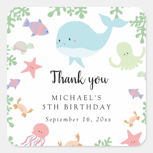 Under the Sea Birthday Cute Kawaii Thank you   Square Sticker (Front)