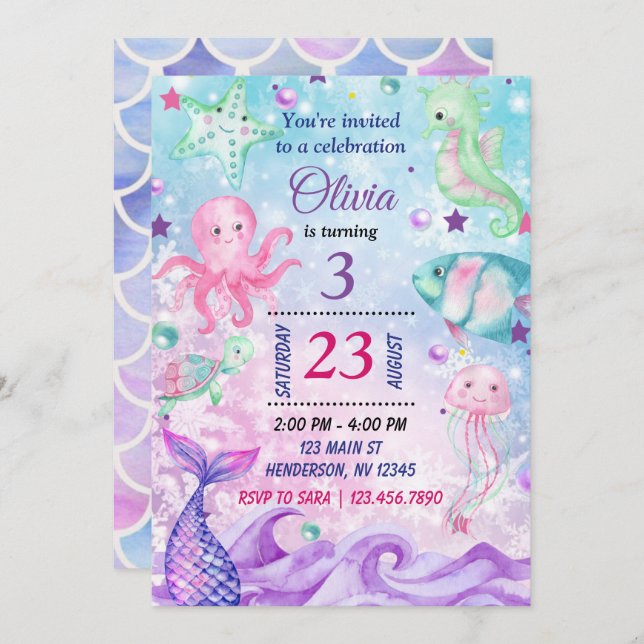 Under the Sea Birthday Invitation, Mermaid Invite (Front/Back)