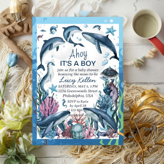 Under the Sea Blue Ahoy It's a Boy Baby Shower Inv Invitation