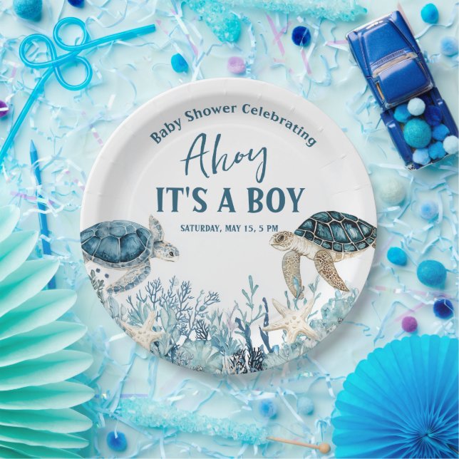 Under the Sea Blue Ahoy It's a Boy Baby Shower Paper Plate (Party)