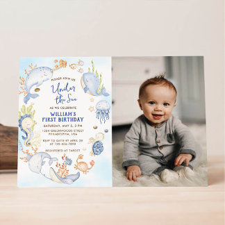 Under the Sea Blue Boy First Birthday Party Invitation