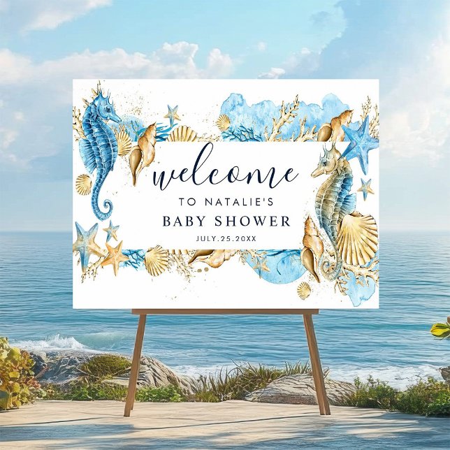 Under the Sea Blue & Gold Baby Shower Welcome Sign (Creator Uploaded)