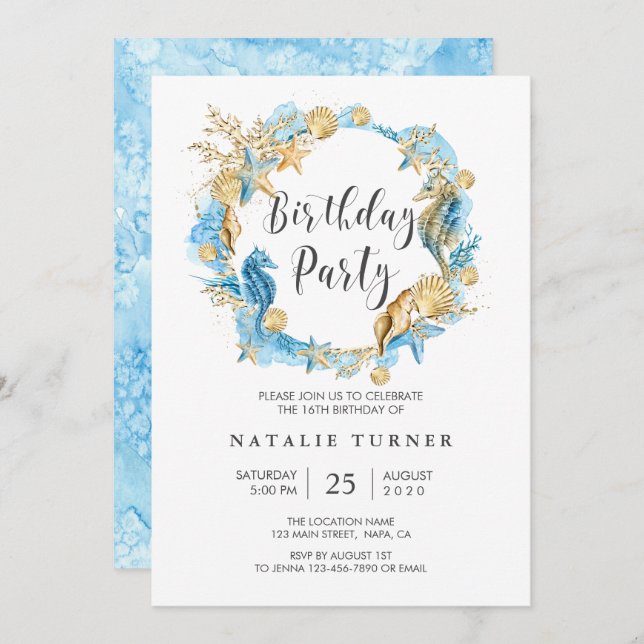 Under the Sea Blue Gold Birthday Party Invitation (Front/Back)