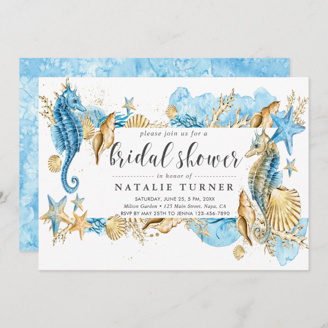 Under the Sea Blue & Gold Bridal Shower Invitation (Front/Back)