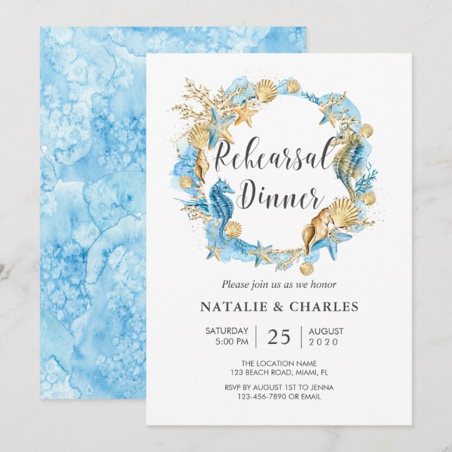 Under the Sea Blue Gold Rehearsal Dinner Invitation (Front/Back)
