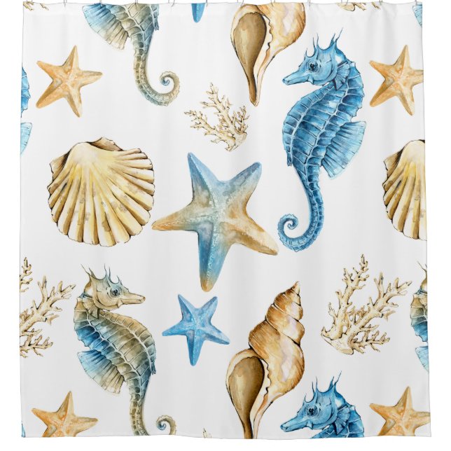 Under the Sea Blue & Gold Seahorse Beach House Shower Curtain (Front)