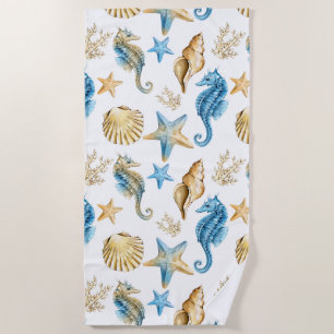 Under the Sea Blue & Gold Seahorse Beach Towel