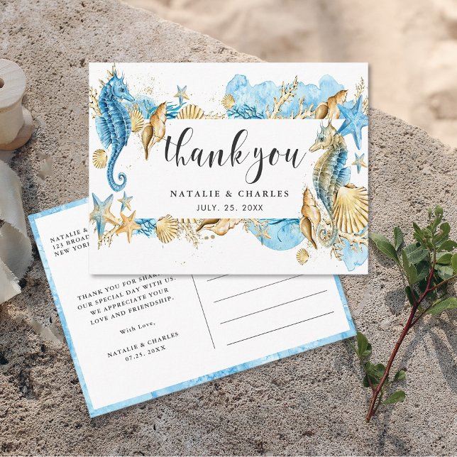 Under the Sea Blue & Gold Thank You Postcard (Front & Back)