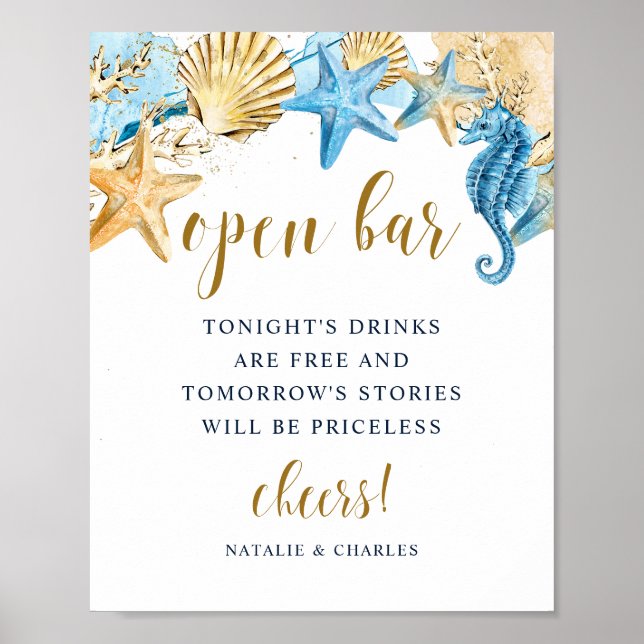 Under the Sea Blue Gold Wedding Open Bar Sign (Front)
