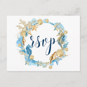 Under the Sea Blue Gold White Summer Wedding RSVP Invitation Postcard