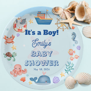 Under the Sea Blue It's a Boy Baby Shower Paper Plate