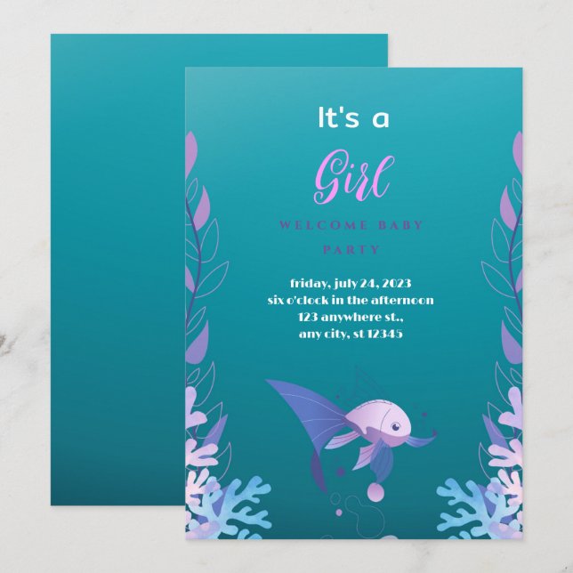 Under the Sea Blue  It's a Girl Baby Shower Inv Invitation (Front/Back)