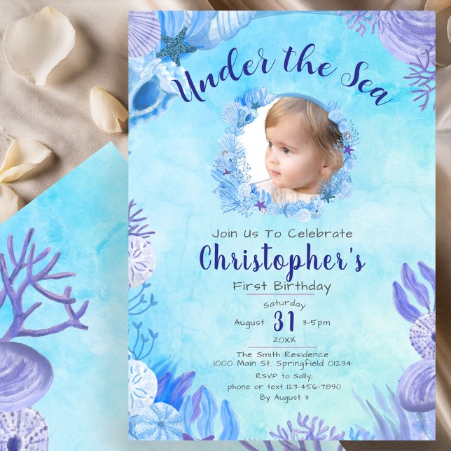 Under the Sea Blue Photo Boy's 1st Birthday Party Invitation (Creator Uploaded)