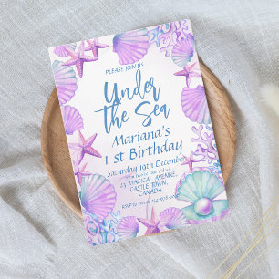 Under the Sea Blue Purple Girl 1st Birthday Party Invitation