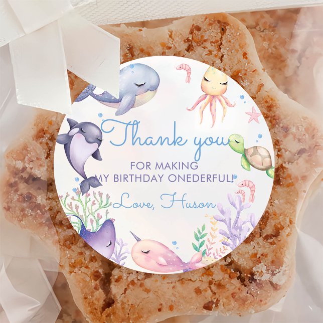 Under the Sea Blue Sea Life 1st Birthday Party Classic Round Sticker (Creator Uploaded)