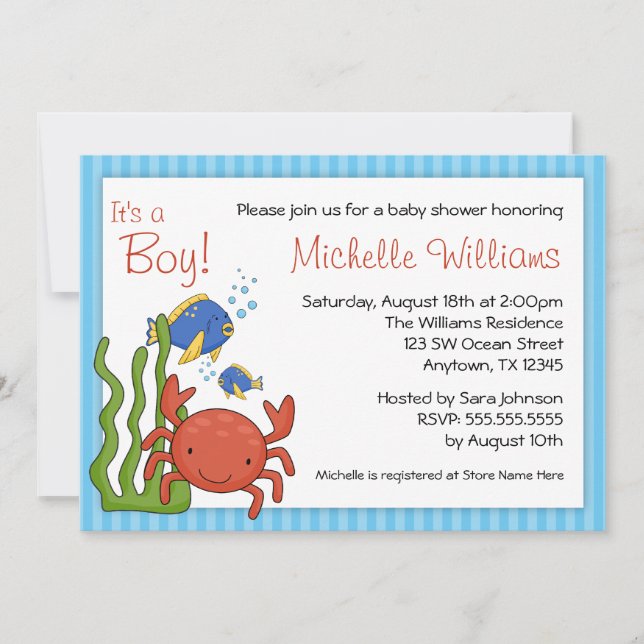 Under the Sea Blue Stripes Boy Baby Shower Invitation (Front)