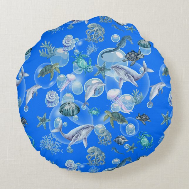 Under the Sea Blue Watercolor on blue | Round Cushion (Back)