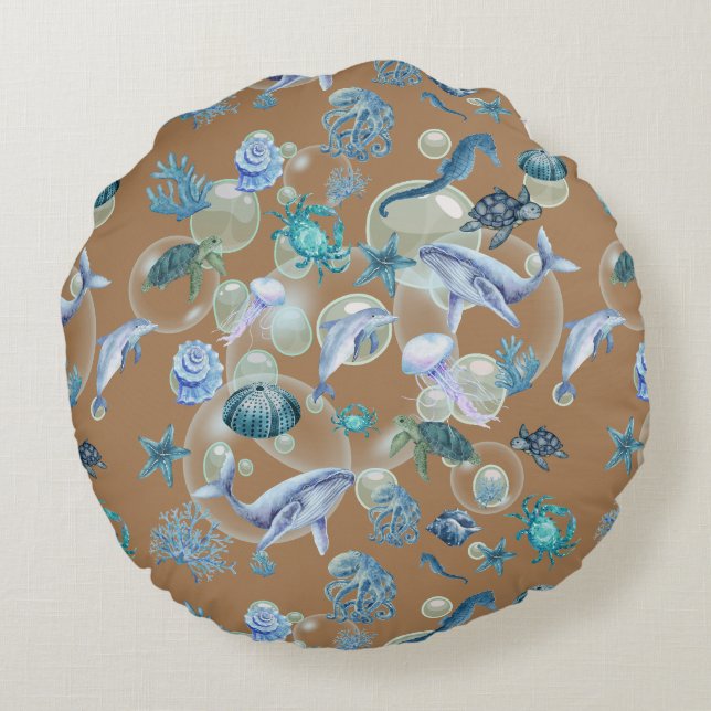 Under the Sea Blue Watercolor on brown | Round Cushion (Back)