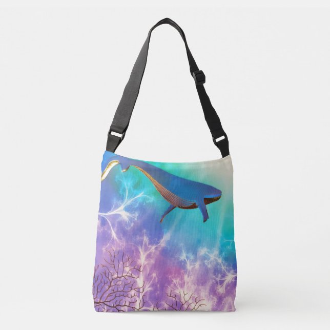 Under The Sea Blue Whale Ocean Watercolor Crossbody Bag (Front)