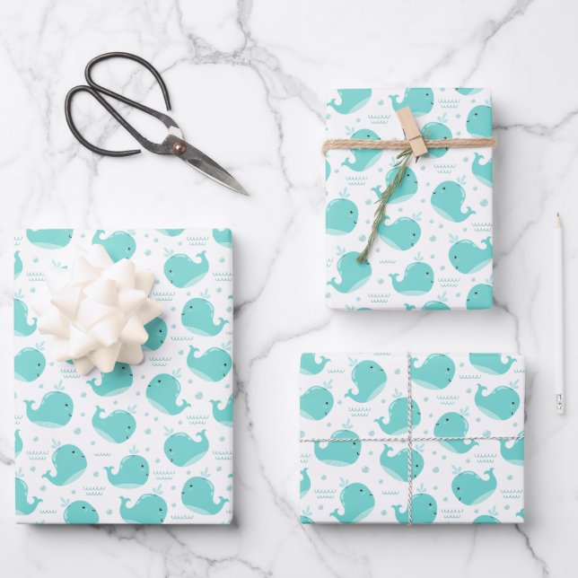 Under the Sea Blue Whales Swimming and Having Fun Wrapping Paper Sheet (Front)