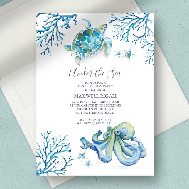 Under The Sea Boy 1st Birthday Invitation (1st birthday under the sea watercolor blue sea turtle octopus coral starfish )