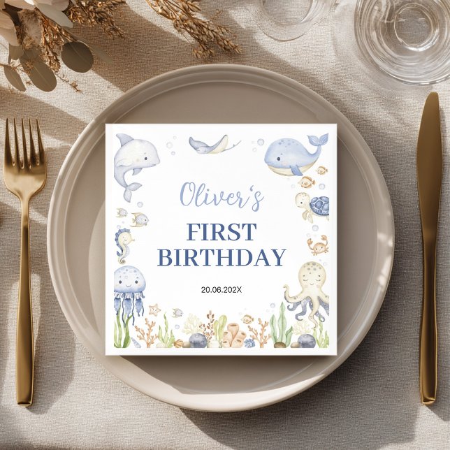 Under the Sea Boy Ocean Animals Kids Birthday Napkin (Creator Uploaded)