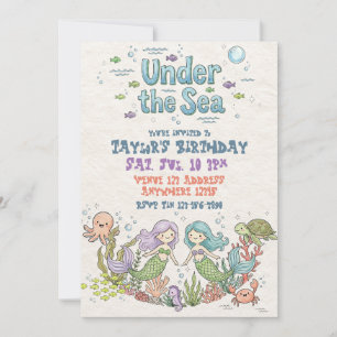 Under The Sea Caucasian Mermaids Birthday Invitation