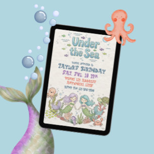 Under The Sea Caucasian Mermaids Birthday Invitation